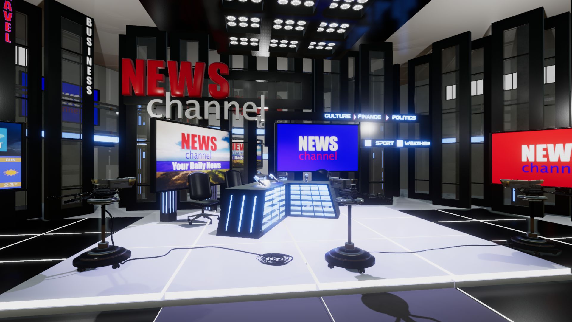 High Quality 3D Models and Game Assets An image showing News Channel TV Studio asset pack, created with Unreal Engine.