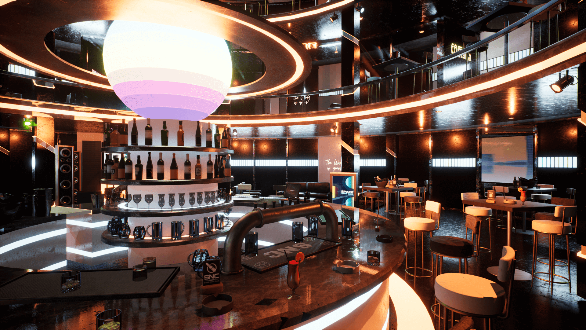 An image showing the Space Night Club asset pack, created with Unreal Engine